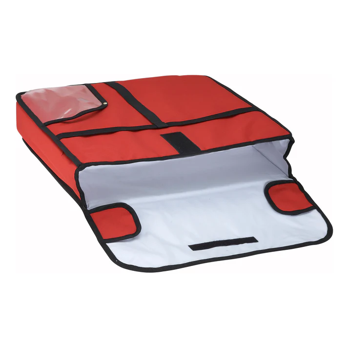 (18"x18"x5", 20"x20"x5", 24"24x"5") Pizza Delivery Bag 6/Pack features a red polyester exterior which is durable while remaining comfortable to use. The interior of the bag features an insulated EPE lining which will keep food warm for longer periods of time.