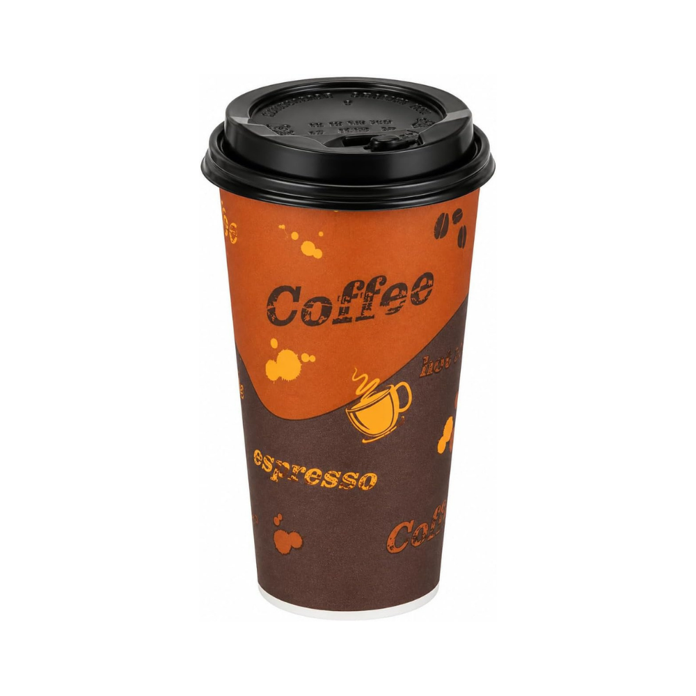 20oz Brown Disposable Coffee Hot Paper Cups with Black Dome Lids