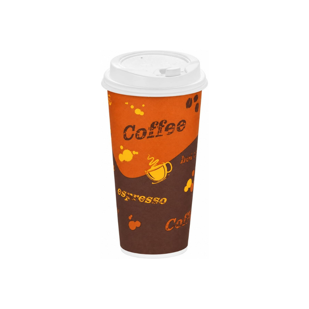 20oz Brown Disposable Coffee Hot Paper Cups with White Dome Lids