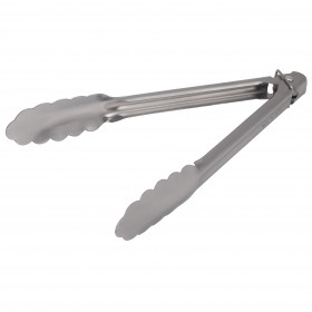 9-3/4 inch heavy-duty stainless steel utility tongs stanton trading with scalloped edges, spring action for easy use, and a locking ring for secure storage.
