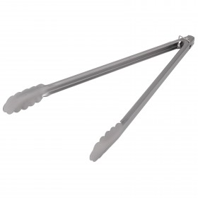16-inch heavy-duty stainless steel utility tongs stanton trading with scalloped edges, spring action for easy use, and a locking ring for secure storage.