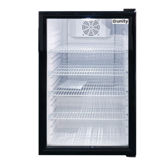 Unity U-CR4 21-inch black countertop refrigerated merchandiser with 4.6 cu ft capacity, double-pane swing glass door, LED interior lighting, adjustable heavy-duty shelves, and eco-friendly R600a refrigerant, ideal for cafes, delis, and retail displays