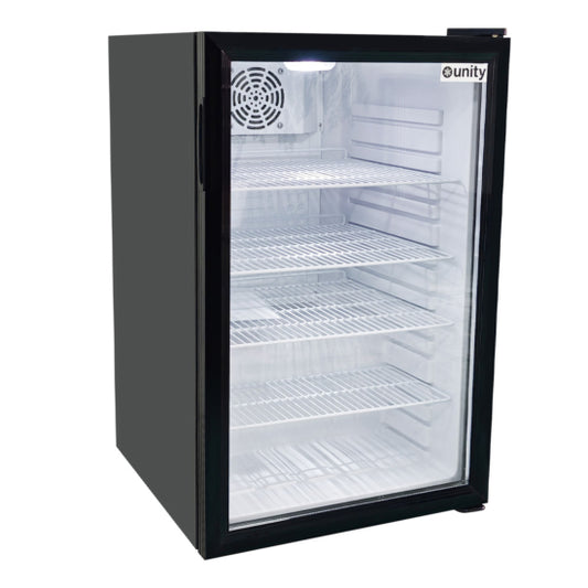 Unity U-CR4 21-inch black countertop refrigerated merchandiser with 4.6 cu ft capacity, double-pane swing glass door, LED interior lighting, adjustable heavy-duty shelves, and eco-friendly R600a refrigerant, ideal for cafes, delis, and retail displays