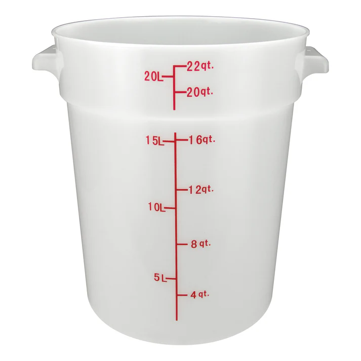 (12qt 12/Pack, 18qt 6/Pack, 1qt 12/Pack, 22qt 6/Pack, 2qt 12/Pack, 4qt 12/Pack, 6qt 12/Pack, 8qt 12/Pack) Round Storage Container is ideal for keeping fruits, vegetables, spices and more. Due to its white break resistant polypropylene construction with build in handles, the container is extremely durable and withstands temperatures from -40°F to 160°F. Red gradations on the container assist in measuring food accurately. This container's round design is ideal for compact stacking and storage.