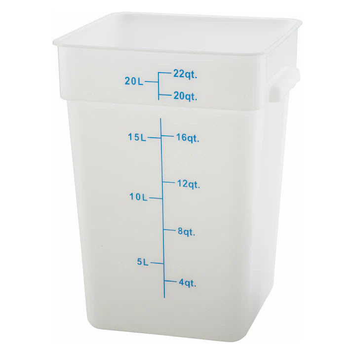 Square Storage Container is an essential item for both home and commercial kitchens. Ideal for keeping fruits, vegetables, spices and more. Due to its break resistant polypropylene construction with build in handles, the container is extremely durable and withstands temperatures from -40°F to 160°F. Translucent container allows you to see what is inside of it for fast and efficient service. Blue gradations on the container assist in measuring food accurately.