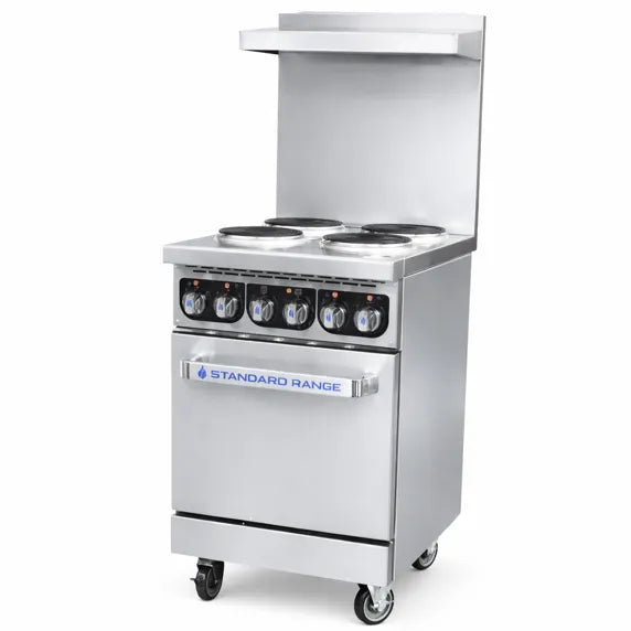 Standard Range SR-ER24-240 24” Electric Range with 4 burners and standard oven, powered by 240V single phase electricity. Ideal for commercial kitchens, restaurants, cafés, and foodservice operations requiring reliable cooking performance in a compact space.