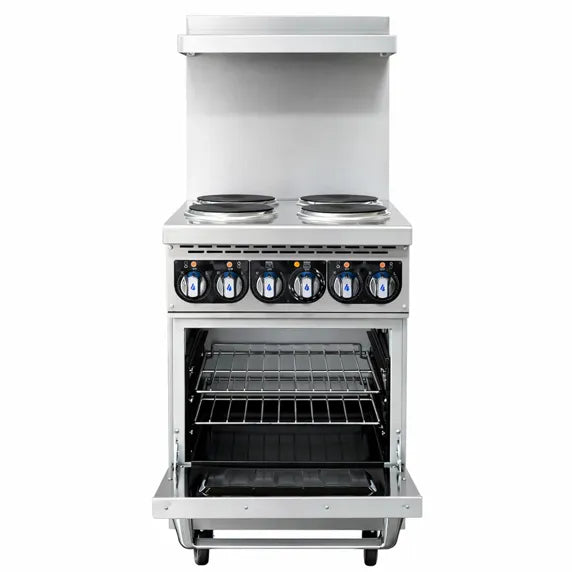 Standard Range SR-ER24-240 24” Electric Range with 4 burners and standard oven, powered by 240V single phase electricity. Ideal for commercial kitchens, restaurants, cafés, and foodservice operations requiring reliable cooking performance in a compact space.