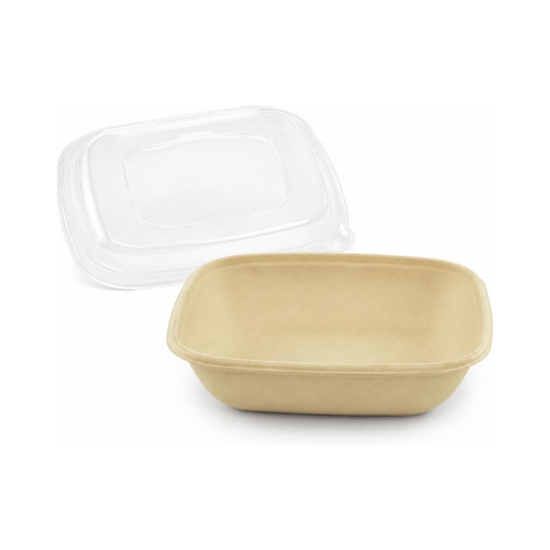 24oz Beige Square Disposable Fiber Salad Bowl with Clear Dome Lids