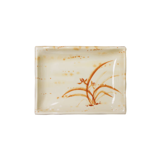 The Thunder Group Wavy Rectangular Plate features a stone-colored design with elegant orchid accents and wavy edges, adding Asian flair to your table. Made from durable melamine, it is BPA-free, break-resistant, shatter-resistant, lightweight, and stackable for easy storage. Dishwasher safe and NSF listed for safety, it's ideal for serving sushi, spring rolls, and appetizers at restaurants, catering events, or home use.