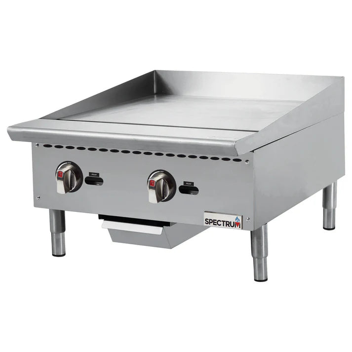 (24", 36", 48") Griddle 1/Pack equipped with precision-engineered, manually-controlled valves. It has a polished steel cook plate and full length, wide front rail for keeping spillage to a minimum. The Spectrum Gas Griddle includes an LP conversion kit, and is ETL certified for safety and sanitation.