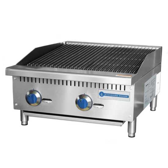 Standard Range SR-CB12-M 12" gas countertop radiant charbroiler, designed for efficient grilling in compact spaces, ideal for cooking a variety of meats and vegetables in commercial kitchens.