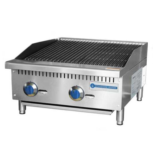 Standard Range SR-CB12-M 12" gas countertop radiant charbroiler, designed for efficient grilling in compact spaces, ideal for cooking a variety of meats and vegetables in commercial kitchens.