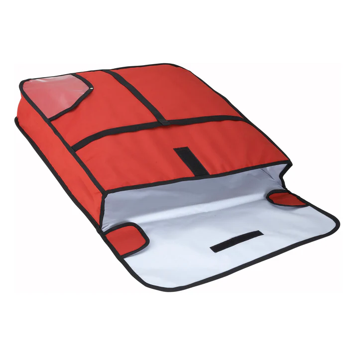 (18"x18"x5", 20"x20"x5", 24"24x"5") Pizza Delivery Bag 6/Pack features a red polyester exterior which is durable while remaining comfortable to use. The interior of the bag features an insulated EPE lining which will keep food warm for longer periods of time.
