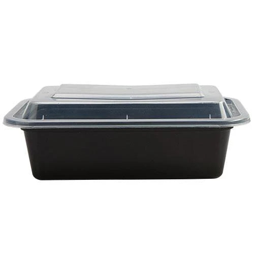 24oz deep rectangular food container with lid, black and white, BPA-free, microwave-safe, freezer-friendly, reusable meal prep container, takeout, catering, food storage, stackable design.