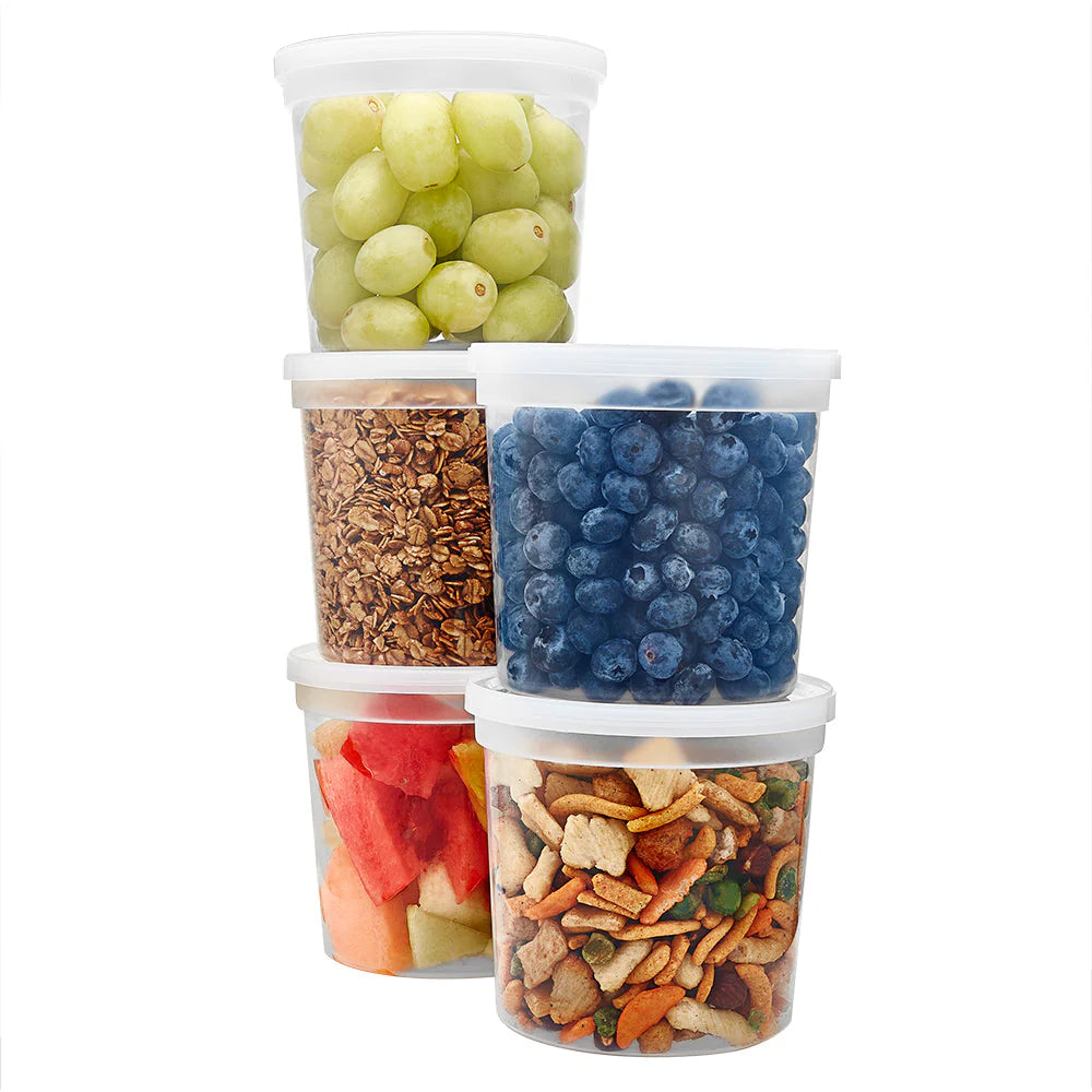 24oz deli container with lid. Leak-proof, microwave-safe, freezer-friendly. Ideal for soups, salads, sauces, and leftovers. Perfect for meal prep, takeout, restaurants, and food storage.