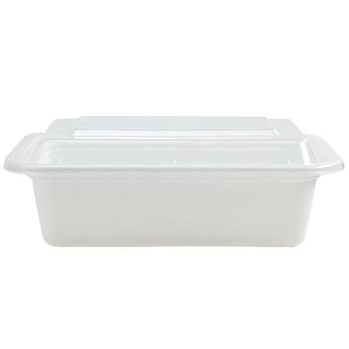 24oz deep rectangular food container with lid, black and white, BPA-free, microwave-safe, freezer-friendly, reusable meal prep container, takeout, catering, food storage, stackable design.