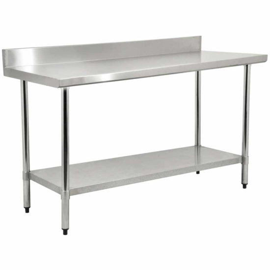 Stainless steel worktable with a 30-inch depth and 72-inch length, featuring a durable undershelf for added storage and a 4-inch backsplash for improved cleanliness and spill prevention, ideal for commercial kitchens or workspace setu