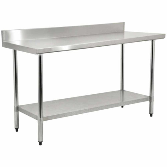 Stainless steel worktable with a 30-inch depth and 72-inch length, featuring a durable undershelf for added storage and a 4-inch backsplash for improved cleanliness and spill prevention, ideal for commercial kitchens or workspace setu
