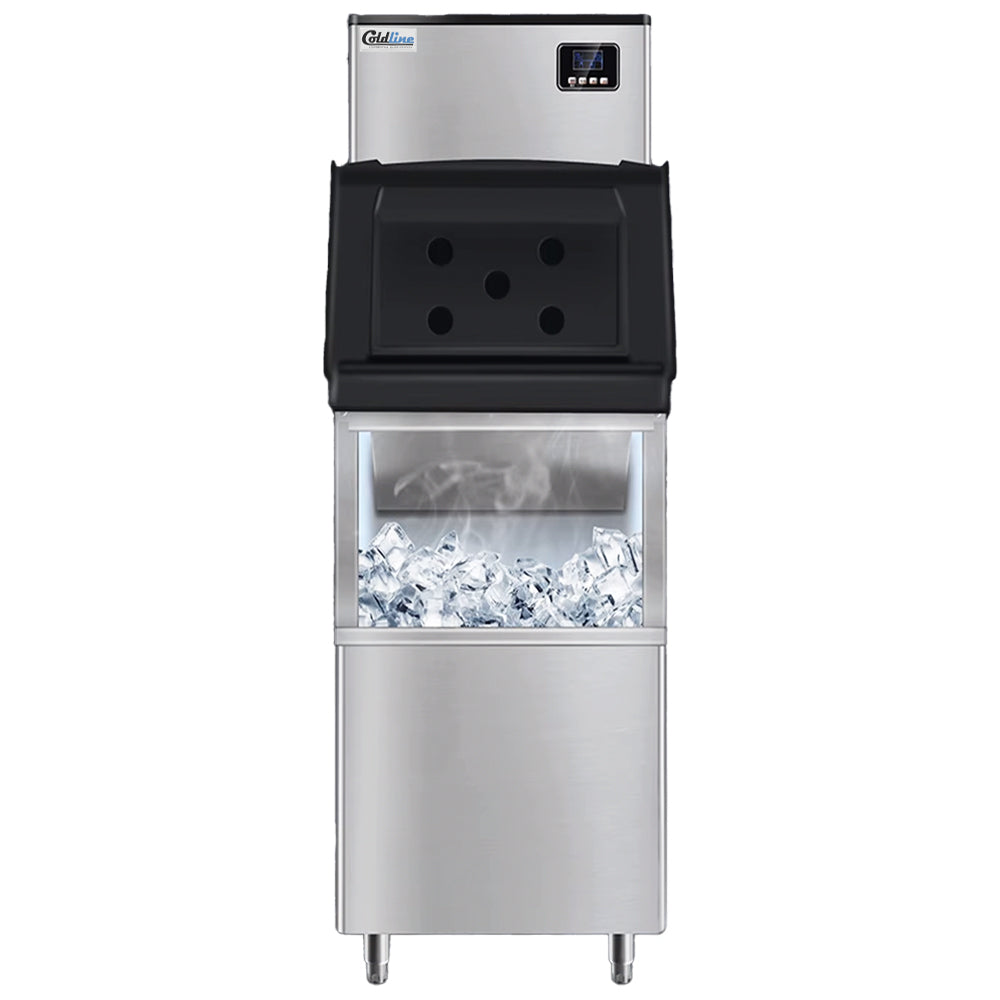 Coldline EIC420M-FA 22-inch modular full cube ice machine with 200 lb storage bin, producing up to 420 lb of ice per day, air-cooled design for commercial kitchens and bars.