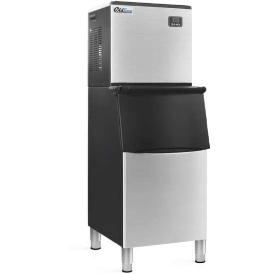 Coldline EIC350M-FA 22-inch modular ice machine with 200 lb. storage bin, air-cooled, producing up to 350 lbs. of full cube ice daily. Compact and efficient design, perfect for restaurants, bars, and cafes seeking reliable ice production and storage.