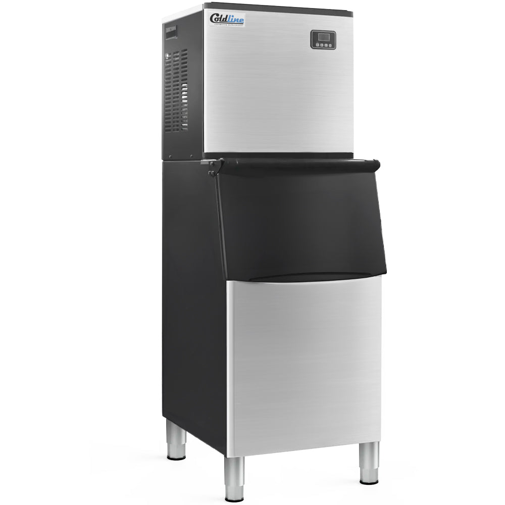 Coldline EIC420M-FA 22-inch modular full cube ice machine with 200 lb storage bin, producing up to 420 lb of ice per day, air-cooled design for commercial kitchens and bars.