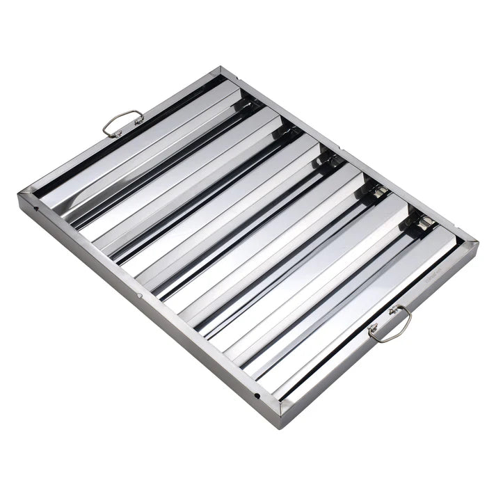 (16"Hx16"W, 20"Hx16"W, 25"Hx16"W, 16"Hx20"W, 20"Hx20"W, 25"Hx20"W, 20"Hx25"W) Hood Filter 6/Pack made from durable stainless steel which is rust proof, corrosion resistant and easy to clean and maintain. This hood filter is great for fast-paced food service establishments and is designed to drain grease into the smooth baffles to prevent fire hazards. Featuring convenient drop handles, setting up this filter is easy.