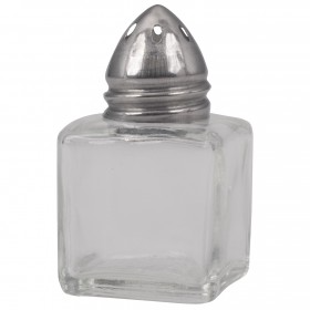 0.5-ounce cube-shaped salt/pepper shaker made of clear glass with a stainless steel top featuring small perforations for easy dispensing. Its compact, square design is ideal for restaurants, cafes, and home dining, offering a classic and functional way to store and serve salt or pepper.