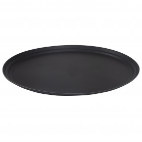 27-inch oval black tray stanton trading with a rubber-lined surface, made from fiberglass. This non-slip tray is commonly used in food service settings like restaurants and bars to prevent spills while carrying drinks or plates. The rubber lining provides extra grip, making it a reliable choice for servers and bartenders.