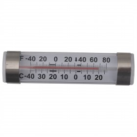tube-style freezer thermometer stanton trading with a temperature range of -40 to 80° f (-40 to 25° c), featuring a clear, easy-to-read scale and stainless steel end clips for secure placement.