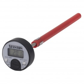 digital pocket thermometer stanton trading with a temperature range of -58 to 302°f, featuring an easy-to-read lcd display, on/off button, and protective red sheath for safe storage and portability.