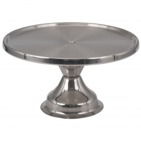 7-3/4" high stainless steel cake stand stanton trading with a polished finish, a wide flat top, and a sturdy pedestal base, designed for 12" diameter cake covers, provides an elegant and durable display option. 