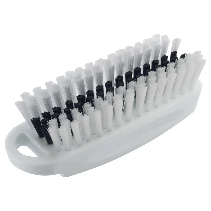 Nail Brush 12/Pack features stiff center bristles for cleaning under the fingernails while also having a soft side of bristles for use on hands and nails. The contour design of the handle is great for comfort but also prevents surface contact when stored on the side to prevent contamination.