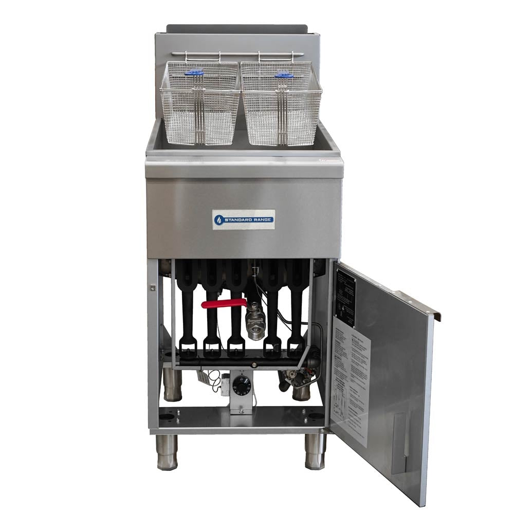 Standard Range SR-F5-LP Liquid Propane 75/80 lb. Stainless Steel Floor Fryer - 150,000 BTU, engineered for high-capacity frying in commercial kitchens, ideal for preparing large quantities of fried foods efficiently.