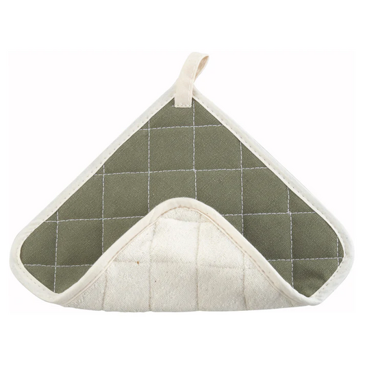 Pot Holder 5/Pack features terrycloth on one side, fire retardant material on the other, 100% cotton, white &amp; gray.