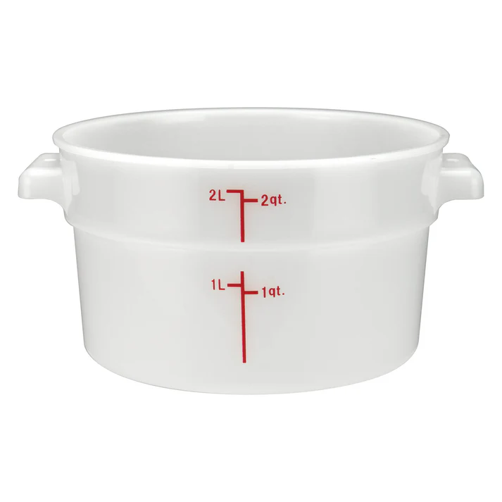 (12qt 12/Pack, 18qt 6/Pack, 1qt 12/Pack, 22qt 6/Pack, 2qt 12/Pack, 4qt 12/Pack, 6qt 12/Pack, 8qt 12/Pack) Round Storage Container is ideal for keeping fruits, vegetables, spices and more. Due to its white break resistant polypropylene construction with build in handles, the container is extremely durable and withstands temperatures from -40°F to 160°F. Red gradations on the container assist in measuring food accurately. This container's round design is ideal for compact stacking and storage.