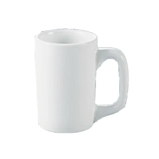 This Dinner Mug offers high durability through its porcelain construction and oven microwave safe design. Its 12 oz. capacity supports standard beverage servings in commercial settings. The round shape integrates seamlessly with existing dinnerware. Elevate your dining experience with the high quality affordable drinkware.