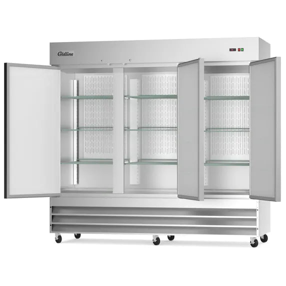 Coldline C-3FF 81-inch three-door commercial reach-in freezer in stainless steel, built for restaurant kitchens to store frozen foods with consistent low temperatures and easy organized access.