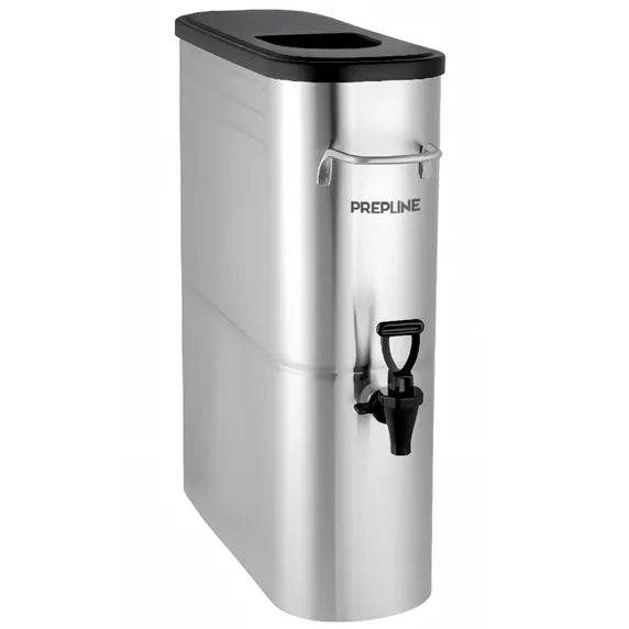 The Prepline ITD3G 3 Gallon Slim Stainless Steel Iced Tea Dispenser is a commercial beverage dispenser designed for space-saving countertop service. Similar 3-gallon slim dispensers feature durable stainless steel construction, narrow footprints for tight beverage stations, welded carrying handles, and no-drip dispensing faucets. Typical dimensions are around 6.5–7 inches wide and 21 inches high, making them ideal for restaurants, cafes, convenience stores, and catering events.