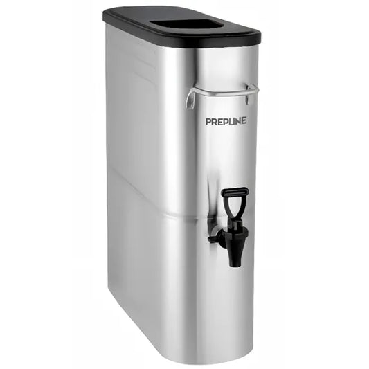 The Prepline ITD3G 3 Gallon Slim Stainless Steel Iced Tea Dispenser is a commercial beverage dispenser designed for space-saving countertop service. Similar 3-gallon slim dispensers feature durable stainless steel construction, narrow footprints for tight beverage stations, welded carrying handles, and no-drip dispensing faucets. Typical dimensions are around 6.5–7 inches wide and 21 inches high, making them ideal for restaurants, cafes, convenience stores, and catering events.