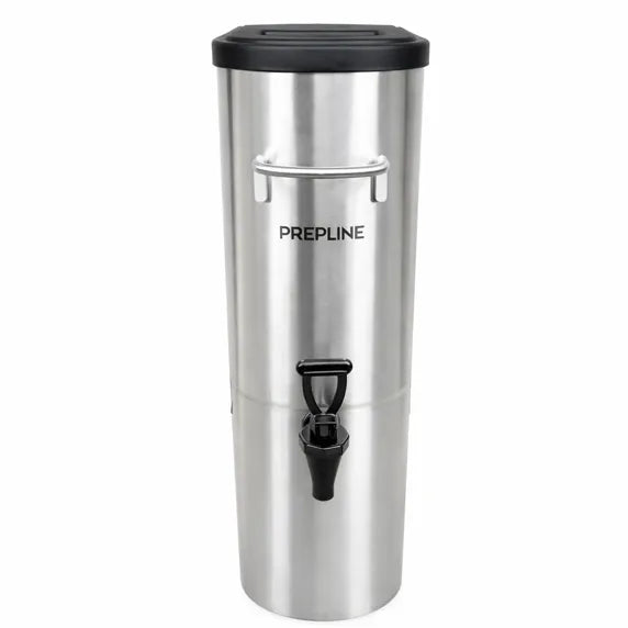 The Prepline ITD3G 3 Gallon Slim Stainless Steel Iced Tea Dispenser is a commercial beverage dispenser designed for space-saving countertop service. Similar 3-gallon slim dispensers feature durable stainless steel construction, narrow footprints for tight beverage stations, welded carrying handles, and no-drip dispensing faucets. Typical dimensions are around 6.5–7 inches wide and 21 inches high, making them ideal for restaurants, cafes, convenience stores, and catering events.