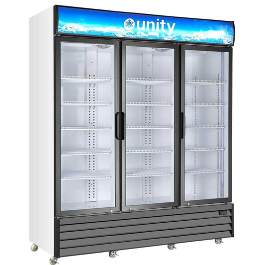 Unity U-GM3 68-inch three glass door merchandiser refrigerator with LED lighting. This large-capacity unit features three glass doors for easy access and maximum visibility of stored products, making it ideal for busy retail or foodservice environments. The integrated LED lighting ensures bright and clear illumination, highlighting merchandise for optimal presentation. With its sleek design and spacious interior, this merchandiser is perfect for showcasing beverages, snacks, or other products in commercial 