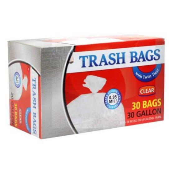 30-gallon clear trash bags with twist ties for home, office, and commercial use. Heavy-duty, tear-resistant, and leak-proof for secure waste disposal. Prevents spills and odors with a strong closure.