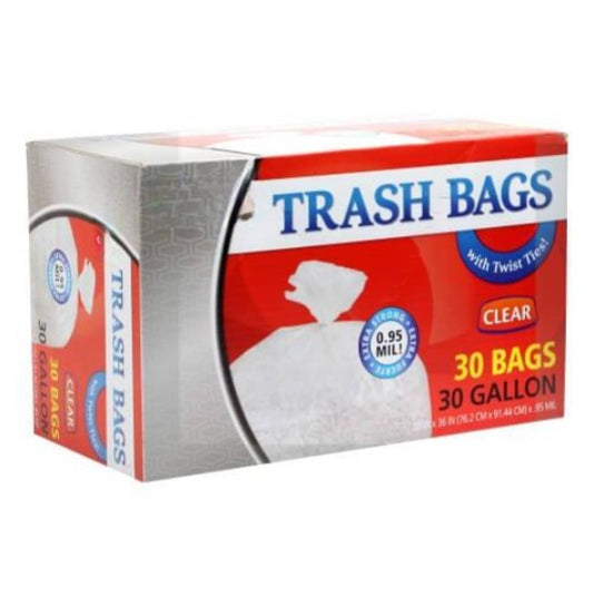 30-gallon clear trash bags with twist ties for home, office, and commercial use. Heavy-duty, tear-resistant, and leak-proof for secure waste disposal. Prevents spills and odors with a strong closure.
