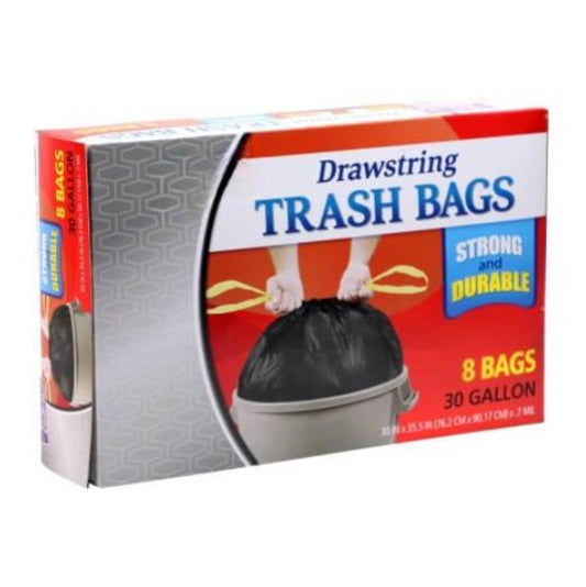 30-gallon drawstring trash bags for home, office, and commercial use. Heavy-duty, tear-resistant, leak-proof, and odor control. Strong, durable liners with secure, easy-tie closure for hassle-free disposal.