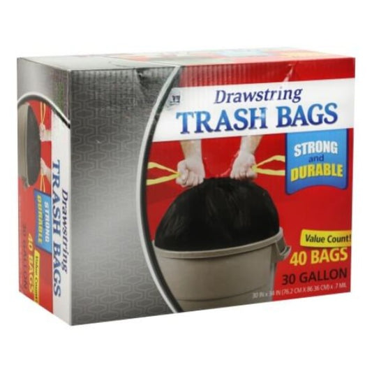 30-gallon drawstring trash bags for home, office, and commercial use. Heavy-duty, tear-resistant, leak-proof, and odor control. Strong, durable liners with a secure, easy-tie closure for hassle-free disposal.