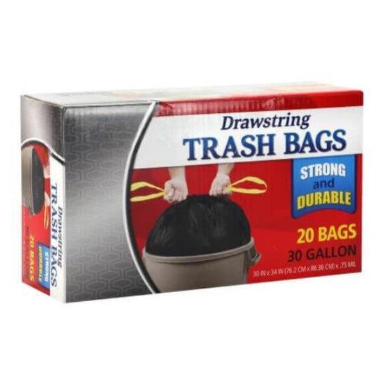30-gallon drawstring trash bags for home, office, and commercial use. Heavy-duty, tear-resistant, leak-proof, and odor control. Strong, durable liners with secure, easy-tie closure for hassle-free disposal.