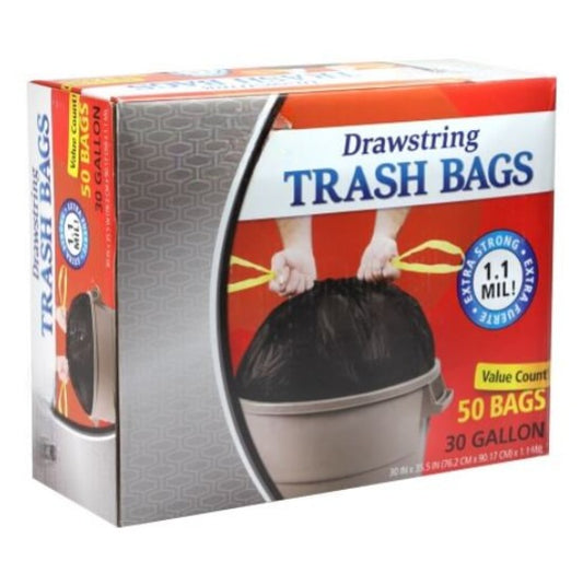 30-gallon drawstring trash bags for home, office, outdoor, and commercial use. Heavy-duty, leak-proof, tear-resistant, and odor control. Strong, durable liners with an easy-tie drawstring closure.