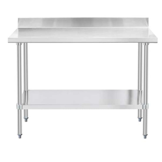 Stainless steel worktable with a 30-inch depth and 72-inch length, featuring a durable undershelf for added storage and a 4-inch backsplash for improved cleanliness and spill prevention, ideal for commercial kitchens or workspace setu