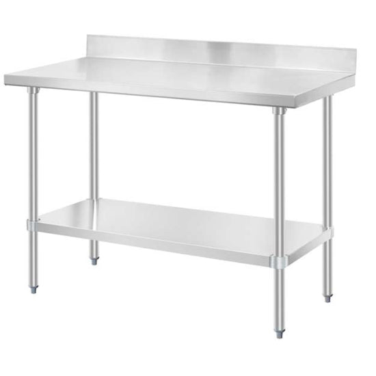 Stainless steel worktable with a 30-inch depth and 72-inch length, featuring a durable undershelf for added storage and a 4-inch backsplash for improved cleanliness and spill prevention, ideal for commercial kitchens or workspace setu