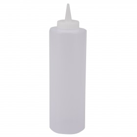 24 oz. Clear Squeeze Bottle perfect for precise dispensing of condiments, dressings, sauces, and more. Made of durable, food-safe plastic, it features a narrow tip for controlled application. Ideal for both commercial and home kitchens, this set includes 1 dozen bottles, ensuring you have ample supply for various uses.